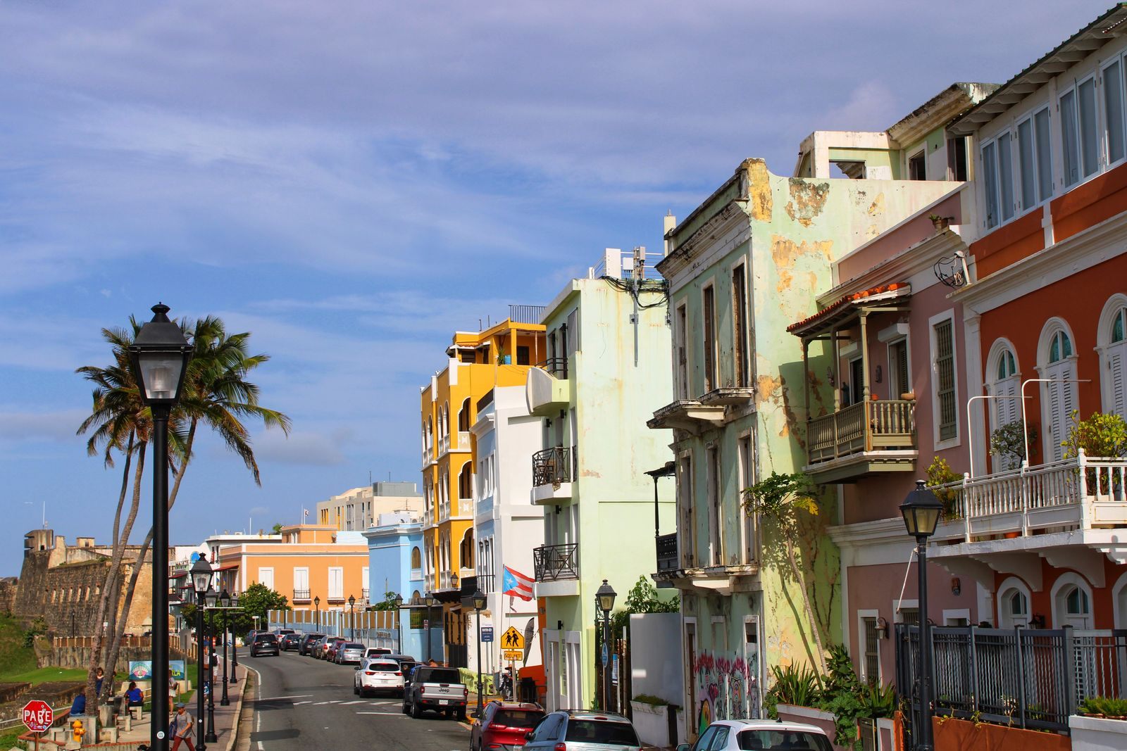 Colorful colonial buildings in Old San Juan, Puerto Rico, a stop on cruises to Spanish speaking countries