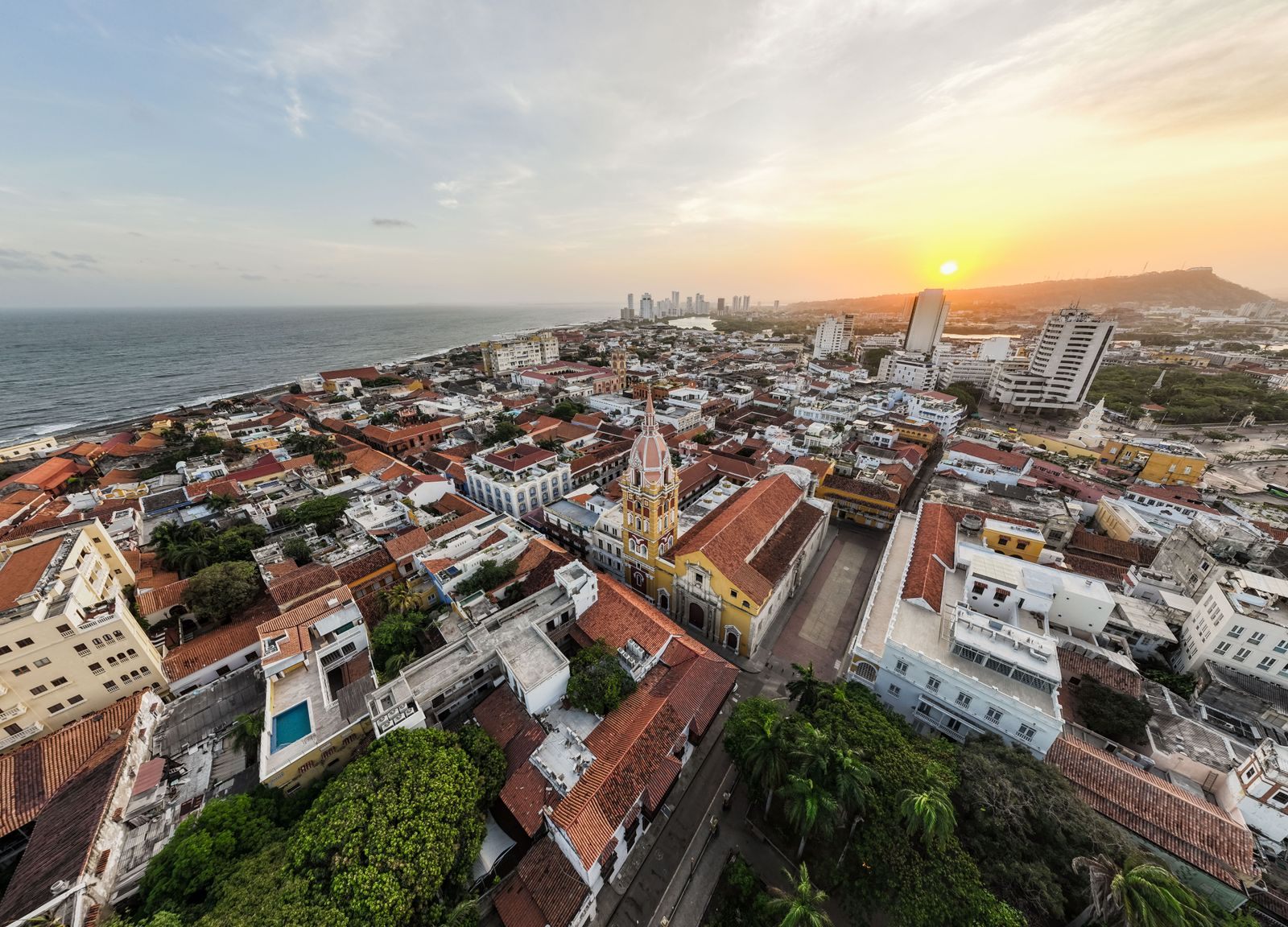 Aerial view of Cartagena, Colombia, at sunset, a highlight of a Latin America cruise
