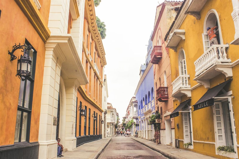 Colonial street with balconies in Cartagena, Colombia