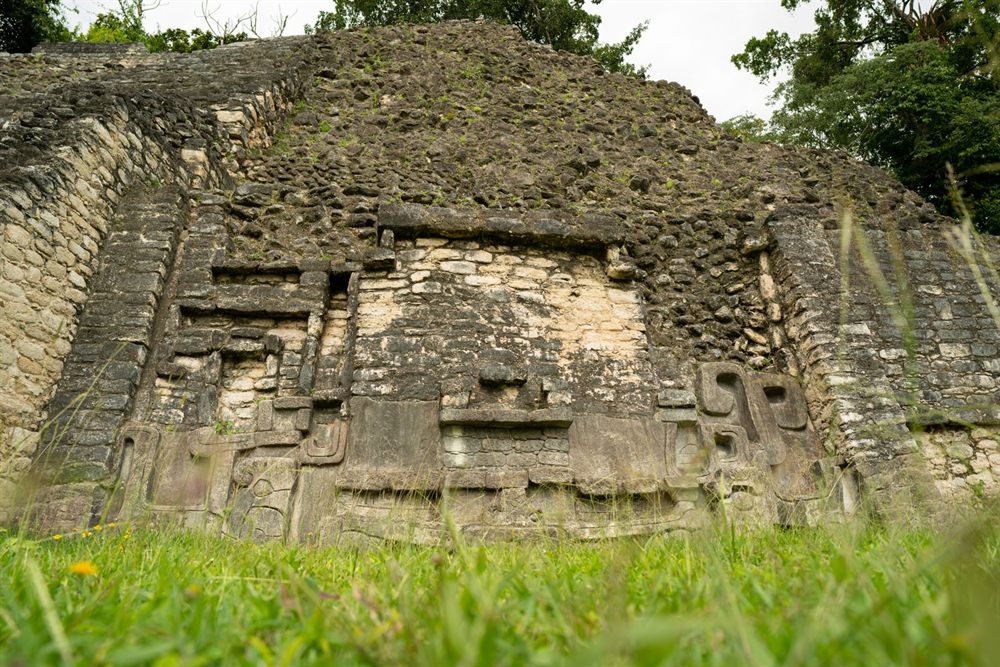 Carved stone frieze at the Xunantunich Maya site in Belize